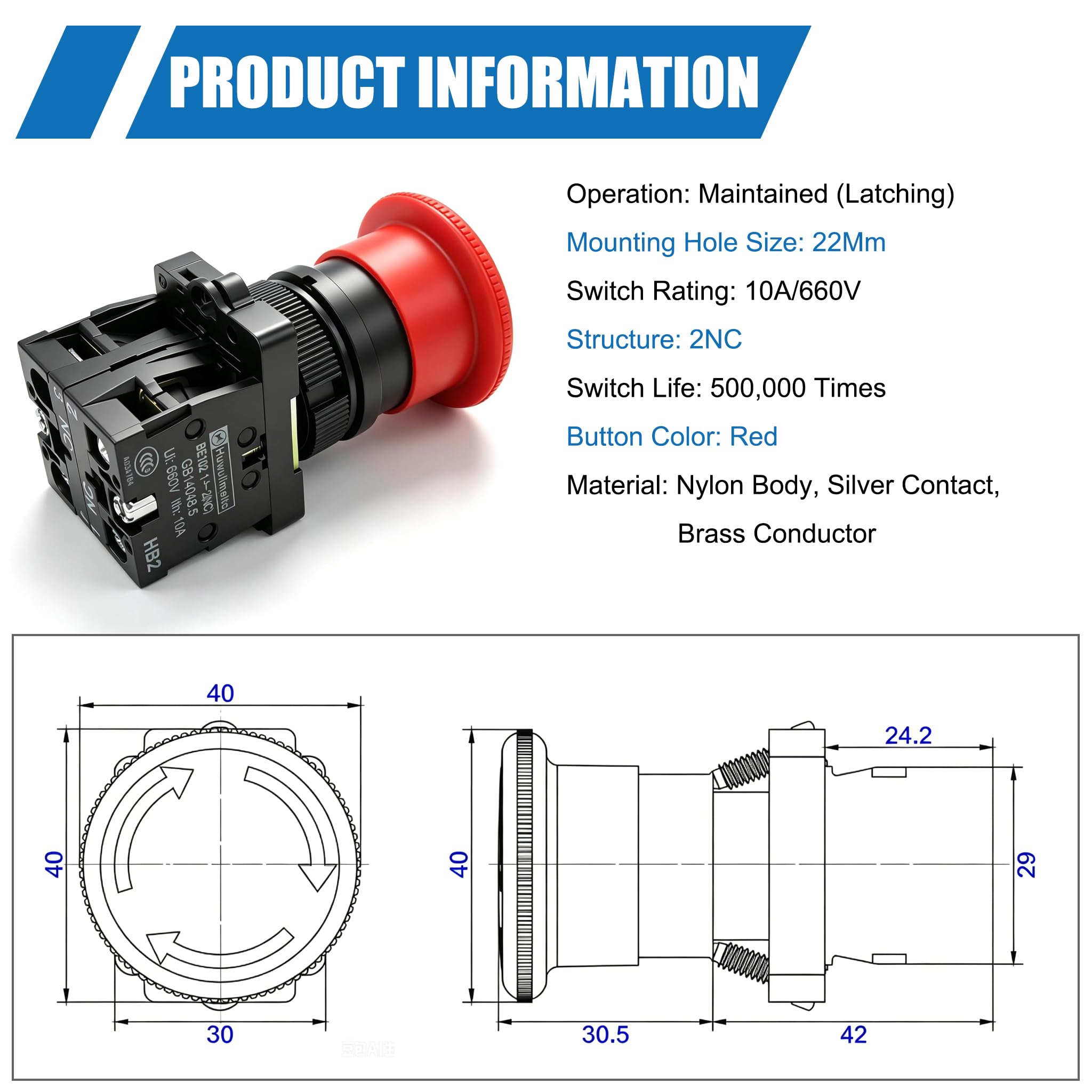 mxuteuk 22mm 2NC Red Mushroom Emergency Stop Push Button Switch